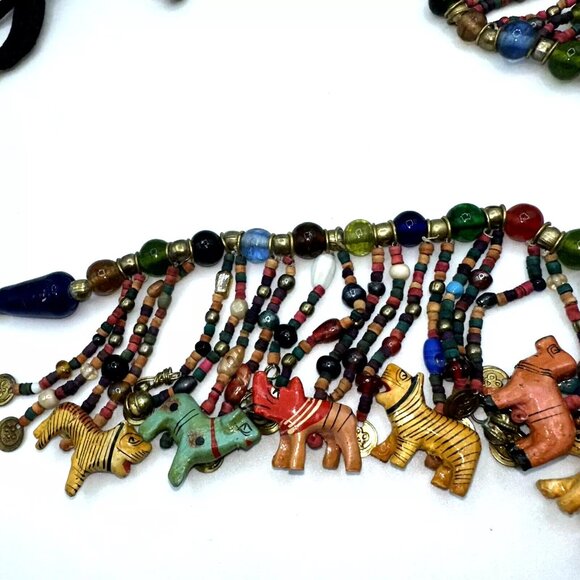 Africa Glass Bead Carved Animal Dangle Fringe Multicolor Statement Necklace/Belt - Picture 2 of 11